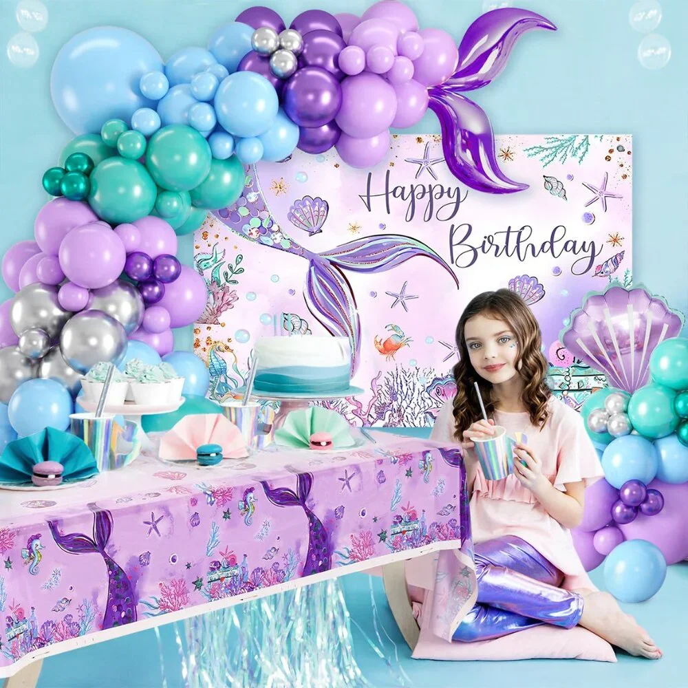 Mermaid Birthday Decoration Set - Backdrop, Balloon and Table cloth
